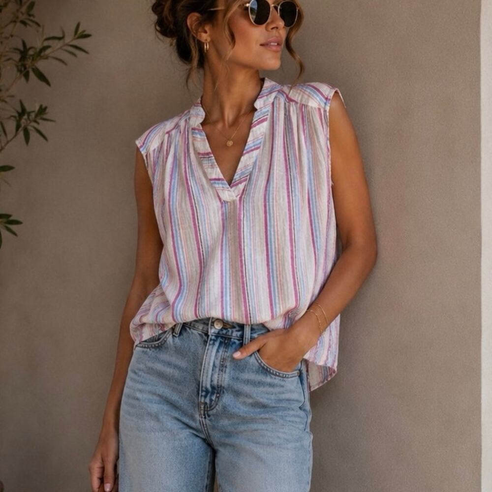 Chloe Stora Paris Armini 525 Striped Sleeveless V-Neck Blouse White Pink 38 (6)